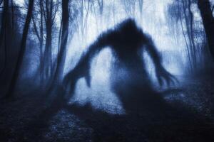 Creepy Shadow Figure Apparition in Misty Forest Halloween Horror Image photo