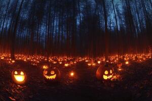 Glowing Jack O Lanterns in Dark Forest Scene for Halloween photo