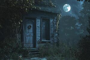 Old House at Night with Full Moon Glowing and Overgrown Vines photo