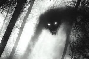 Dark Creature in Misty Forest with Glowing Eyes and Menacing Grin photo