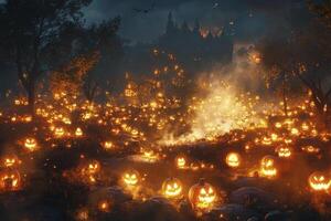Glowing Jack O Lanterns in Field with Haunted Castle in Background photo
