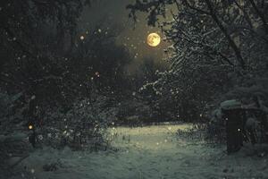 Snowy Forest Path at Night with Full Moon and Falling Snow photo
