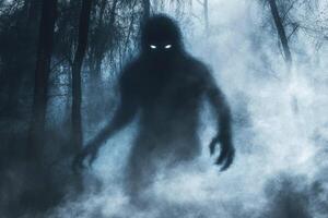 Mysterious Shadow Creature Appears in Foggy Forest with Glowing Eyes photo