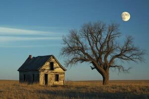 Old Abandoned House with Bare Tree and Rising Full Moon photo