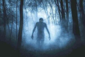 Mysterious Figure Emerging in Foggy Forest with Glowing Eyes at Night photo
