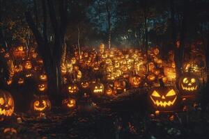 Illuminated Carved Pumpkin Display in Forest for Spooky Halloween Night photo