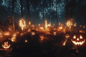 Glowing Jack O Lanterns in Spooky Forest for Halloween Celebration photo
