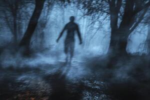 Person Walking Through Misty Woods Creating an Eerie and Mysterious Scene photo