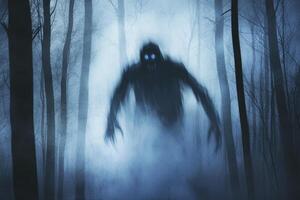 Spooky Figure Emerging From Misty Forest with Glowing Eyes photo
