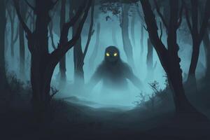 Eerie Forest Creature with Glowing Eyes Emerging From Foggy Woods photo