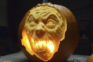 Scary Pumpkin Carving with Illuminated Face Perfect for Halloween photo