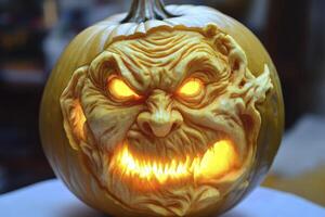 Scary Jack O Lantern with Glowing Face Carving for Halloween photo