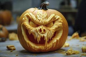 Carved Halloween Pumpkin with Intricate Face Design for Holiday Celebration photo