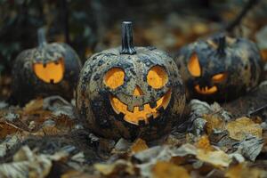 Spooky Halloween Pumpkins Glowing on Fallen Leaves in the Forest photo