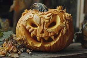 Carved Halloween Pumpkin with Scary Face and Decorative Leaves Close-up photo