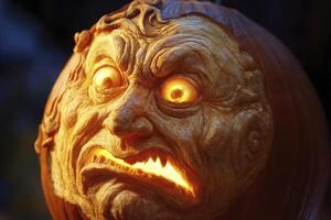 Carved Pumpkin with Angry Face Glowing Creepily for Halloween photo
