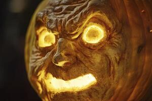 Carved Pumpkin Jack O Lantern with Glowing Face Close-up photo
