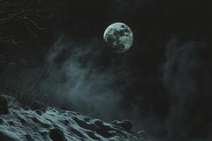 Full Moon Shining Over Snowy Landscape with Dark Clouds and Graveyard photo