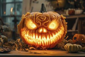 Carved Pumpkin Glowing with Spooky Face for Halloween Decoration Concept photo