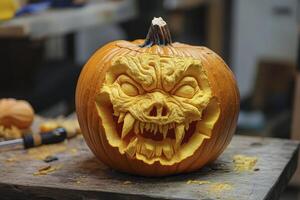 Monster Face Carved Pumpkin Close Up on Wood Surface for Halloween photo