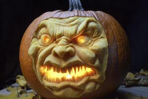 Carved Pumpkin with Scary Face and Glowing Eyes for Halloween photo