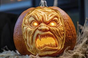 Carved Pumpkin with Scary Face and Glowing Eyes for Halloween Night photo