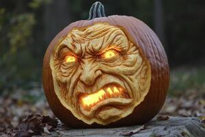 Carved Pumpkin with Angry Face Lit From Within for Halloween Fun photo