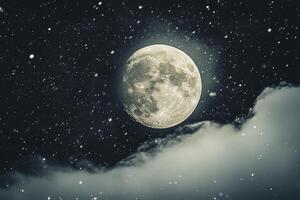 Full Moon Shining Above Clouds in Night Sky with Falling Snow photo