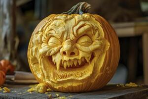 Carved Pumpkin with Scary Face for Halloween Decoration Still Life photo