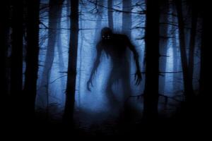 Creepy Monster Silhouette in Forest Fog Creating a Suspenseful Atmosphere photo