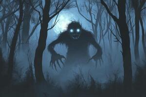 Monster in Dark Woods Illustration Glowing Eyes and Sharp Claws photo