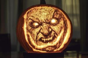 Carved Halloween Pumpkin with Glowing Monster Face for Spooky Holiday photo