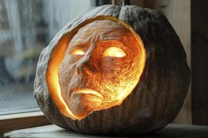 Carved Pumpkin with Face Lit From Within Spooky Halloween Decor photo