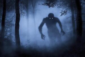 Creepy Creature Lurking in Foggy Forest at Nighttime Creating Mystery photo
