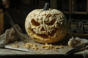 Carved Halloween Pumpkin with Tools on Rustic Table in Workshop photo