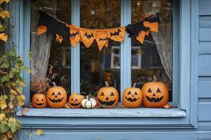 Jack O Lanterns Displayed on Window Ledge with Halloween Banner photo
