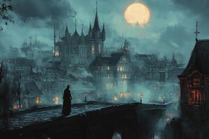 Man Standing on Bridge Overlooking Misty City with Castle and Moon photo