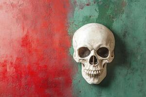 Skull on Textured Background of Red and Green Artistic Display photo