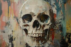 Painted Skull Artwork with Expressive Brushstrokes and Colorful Abstract Background photo