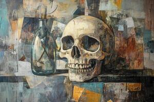 Skull and Bottle Still Life Artwork with Abstract Background Texture photo