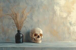 Skull and Wheat Still Life Composition on Rustic Textured Background photo