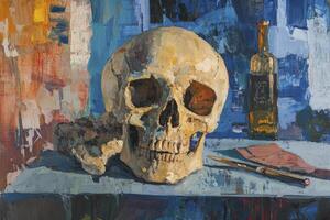 Skull Still Life Oil Painting with Wine Bottle and Artist Tools photo