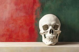 Human Skull Resting on Shelf with Red and Green Textured Background photo