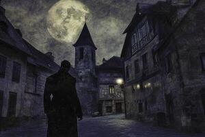 Man Walking at Night in Old Town Under a Full Moon photo