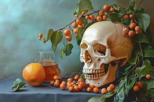 Skull and Orange Still Life with Fruit and Drink Composition photo