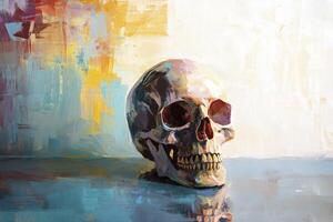 Skull Artwork with Abstract Background on Reflective Surface in Studio photo