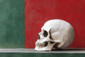 Skull Still Life with Green and Red Background for Halloween photo