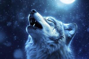 Wolf Howling at Moon in Night Sky with Snowing Effect photo