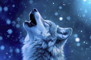 Howling Wolf Portrait Against Blue Bokeh Background Symbolic of Wilderness and Freedom photo