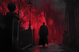Man Walking Towards Gothic Architecture in Dark Red Illuminated Alley photo